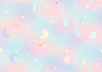 Poster - Dreamy celestial pattern with pastel colors, moons, stars and constellations design