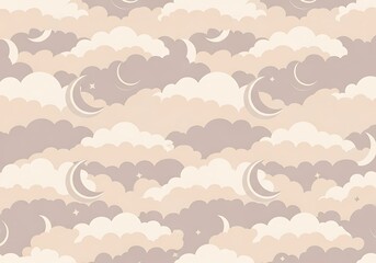 Poster - Dreamy night sky seamless pattern with clouds and crescent moons in soft tones creating a peaceful