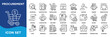 © BAMBANG G - Procurement icon collection set. Containing sourcing,contracting,purchasing,vendor,supplier,bidding,tender,negotiation,invoice,order icon. Simple line vector.
