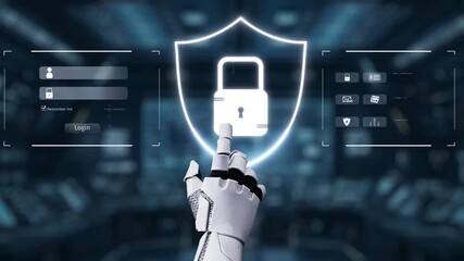 Poster - A futuristic robotic hand interacts with a digital security interface showcasing a lock symbol, emphasizing advanced cybersecurity measures in a high-tech environment. Auvana