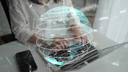Poster - A modern workspace featuring a female typing on a laptop, surrounded by a digital globe interface, symbolizing global connectivity and technology advancement. Xenic