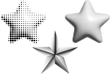 Wall Mural - Abstract decorative black halftone stars textures on isolated background. Geometric circular shape elements pattern in a star shape. Fit for poster, collage, or advertising, abstract design element.