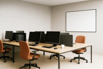 Poster - Modern office interior with empty desks, computer monitors, orange chairs, and blank white wall frame for background or branding mockup template.