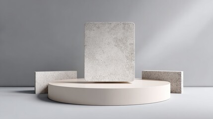 Poster - Concrete blocks with a light texture are thoughtfully arranged on a circular pedestal in a neutral-toned space, showcasing modern minimalism and design elegance.