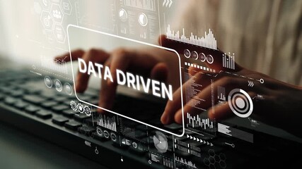 Poster - Data Driven Technology Concept with Hands Typing on Keyboard and Digital Interface Displaying Statistics and Graphics. Asymptotic smart data analytic.