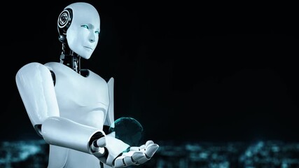 Poster - AI robot huminoid uses cloud computing technology to store data on online server . Futuristic concept of cloud information storage analyzed by machine learning process . 3D rendering .