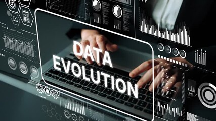 Poster - Hands Typing on Keyboard with Data Evolution Concept and Analytics Charts Displayed on Screen in Modern Office Setting. Asymptotic smart data analytic.