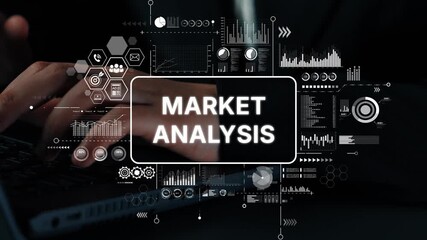 Poster - Hands Typing on Laptop with Market Analysis Graphics and Data Visualizations Overlay for Business Insights. Asymptotic smart data analytic.