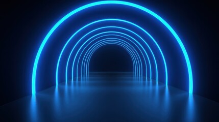 Poster - A captivating tunnel features glowing blue neon arches creating a vibrant atmosphere against the darkness. The smooth floor enhances the modern aesthetic of this surreal space.