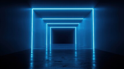 Poster - A corridor features glowing blue neon lights outlining the walls and ceiling, creating a surreal, futuristic vibe. The floor is reflective, enhancing the impression of depth in the space.