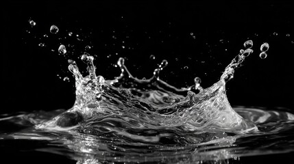 Poster - Water collides forcefully with a surface, sending droplets spiraling outward in an intricate splash pattern. The striking contrast emphasizes the fluid motion and brilliance of each droplet.