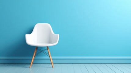 Poster - A singular white chair with wooden legs is placed against a vibrant blue wall. The setting reflects a modern, minimalist design, perfect for contemporary interiors.