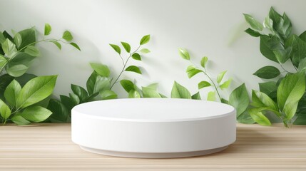 Poster - A simple white circular platform is positioned amidst vibrant green leaves on a wooden surface, creating an inviting and nature-inspired atmosphere for showcasing items.