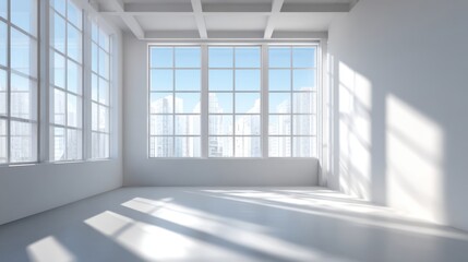 Poster - Bright, airy space featuring expansive windows that let in natural light, highlighting the modern architecture and revealing a vibrant city skyline outside under a clear blue sky.