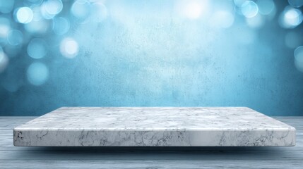 Poster - A smooth marble countertop is set against a blurred blue background filled with soft light spots. This setting is ideal for showcasing food or products in a visually appealing manner.