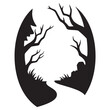 © MDREAZUL - Spooky halloween silhouette of a creepy forest with bare trees and a winding path