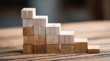 Poster - Stacked wooden blocks create a staircase effect, showcasing artistry and design. The different shades of wood enhance the visual appeal in a crafted arrangement.