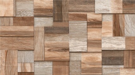Poster - The arrangement of wood panels features different shades and textures, showcasing a blend of colors from light to dark brown. This design adds warmth and style to the modern interior setting.