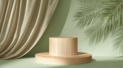 Poster - Display platform made of wood showcases natural textures against a soft green backdrop, complemented by flowing fabric and palm leaves. Warm daylight enhances the serene atmosphere.