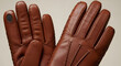 © Syuu - A pair of elegant brown leather gloves with detailed stitching, showing the palm and back, featuring a touchscreen compatible finger pad.