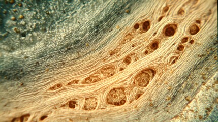 Poster - Magnified view of plant cells reveals intricate structures and varied textures, showcasing the beauty of cellular organization in nature. Colors highlight biological functions and forms.