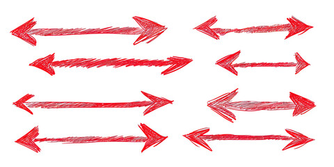 Poster - Set of red hand drawn sketch arrows with rough crayon texture pointing in multiple directions for design and navigation concepts vector illustration