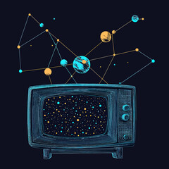Poster - Retro television with cosmic starry sky display and connected planetary constellation lines in futuristic space-themed vector illustration
