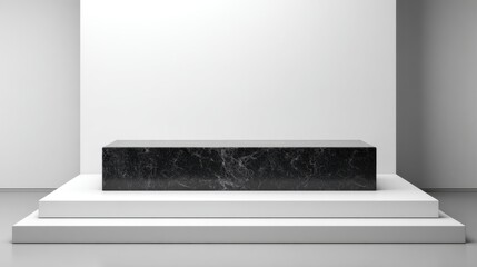 Poster - A sleek black marble exhibit stand occupies the center of a minimalist gallery. The structure showcases modern design against a clean, white backdrop, emphasizing artistic simplicity.