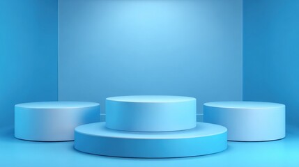 Poster - Three round podiums in varying heights are arranged in a striking blue room, highlighting a clean and minimalistic design perfect for showcasing products or presentations.