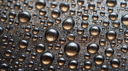 Poster - The image showcases numerous water droplets resting on a dark surface, reflecting light and creating a visually striking pattern. Captured in natural light, it evokes a sense of tranquility.