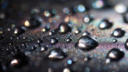 Poster - Water droplets gather on a textured dark surface, catching light and reflecting a spectrum of colors. This moment showcases natural beauty in early morning light, revealing detail and vibrancy.