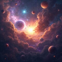 Wall Mural - vibrant outer space scene with glowing nebula clouds, planets, stars. bright sunburst illuminates co