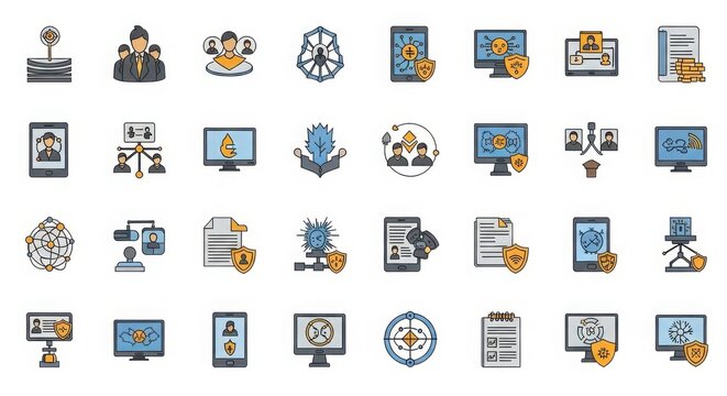 Collection of financial technology icons representing digital transactions and business growth silhouette