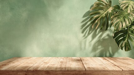 Poster - A rustic wooden table is placed in front of a mint green wall. Tropical plant leaves provide a vibrant contrast, casting playful shadows in the warm sunlight.