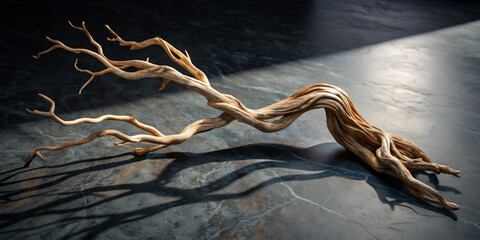 Poster - A unique, gnarled branch lies on a dark textured surface, with soft light casting shadows that highlight its intricate details and natural curves, creating a captivating display of wood