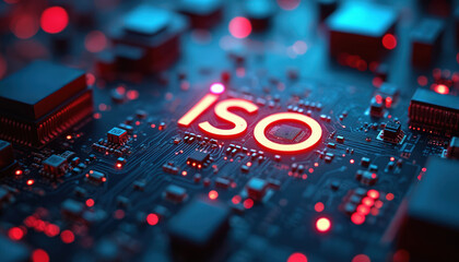 Poster - Futuristic ISO certification glows on circuit board. High tech electronic components, glowing red blue lights suggest advanced technology, data security, quality assurance. Essential for business,