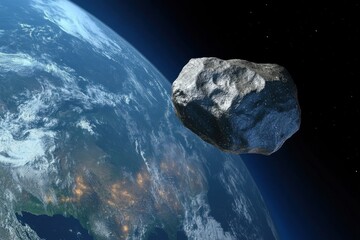 Wall Mural - flying asteroid approaches planet earth with a stunning view of its surface and the planet's atmosph