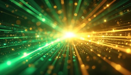 Poster - Abstract illustration with glowing green and yellow lines converging at bright light source. Dynamic particles and bokeh effects create futuristic digital network vibe. Vibrant energy flow and speed.