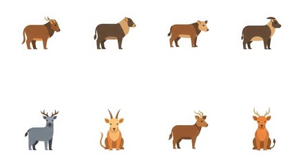  Collection of diverse farm animals and antelopes depicted in a stylized silhouette illustration
