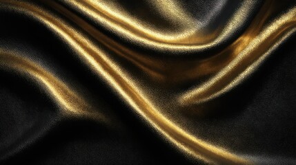 Poster - Soft, luxurious fabric flows in undulating waves of gold and black. The interplay of light creates a rich texture, adding depth to the elegant setup suitable for various decor themes.