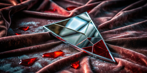 Poster - A triangular mirror lies on rich red velvet, reflecting light and surrounding shards of red glass. The luxurious fabric creates an elegant backdrop for the striking composition