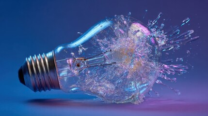 Poster - A light bulb bursts dramatically, sending shards of glass and water splashing in all directions against a vivid purple backdrop, showcasing a moment of action and contrast.