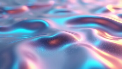 Poster - Abstract fluid metallic surface features iridescent waves with blue, pink reflections. Modern background design offers glossy, smooth, wavy texture. Dynamic gradient, shimmer suit luxury, tech,