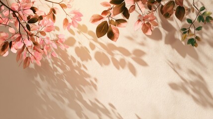 Poster - Softly lit leaves in shades of pink and green create gentle shadows on a neutral wall in a calm indoor environment. The interplay of colors adds a tranquil ambience to the space.