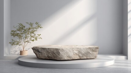 Poster - A large stone table is centered on a circular platform in a minimalist room, with soft natural light streaming through the space. A small plant adds a touch of greenery.