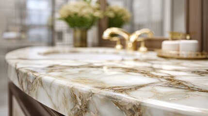 Poster - A beautifully designed bathroom features a polished marble countertop with intricate patterns, complemented by gold faucets and decor. Fresh flowers add a touch of elegance.