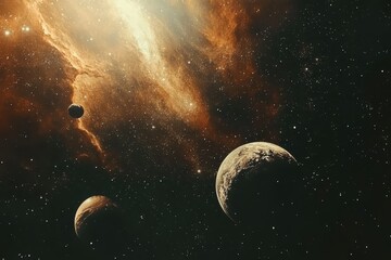 Wall Mural - Asteroids and planets traverse the cosmic expanse in a stellar dance of celestial motion, Space asteroid planets move across the vastness of the cosmos