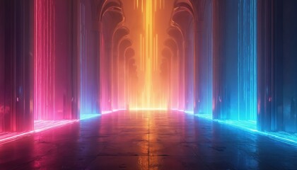 Poster - Abstract digital corridor with vibrant color gradients, dynamic neon light effects. Futuristic glowing energy waves in neon pink, orange, blue. Technology, science fiction, cyberspace, virtual
