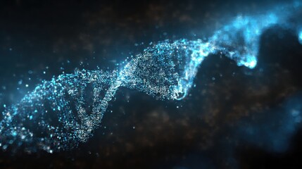 Poster - Glowing blue DNA helix appears amidst a dark background, showcasing sparkling particles resembling molecular structures. The vibrant depiction highlights the essence of genetic material.