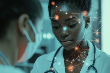 Poster - Network of connections enhances medical collaboration among healthcare professionals, network of connections with icons over african american female doctor